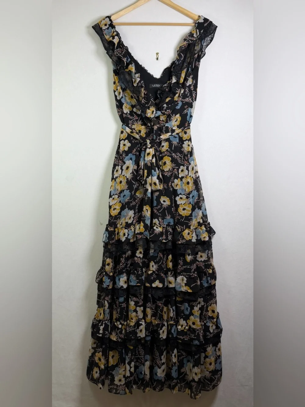 Ralph Lauren Women’s Floral Tiered Georgette Gown Sz 16 Romantic Lace Trim - Picture 2 of 15